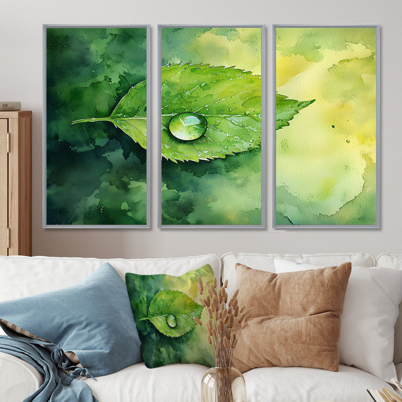 Goutte d'eau verte sur feuille II - feuilles, art mural - ensemble de 3, H 28 po x l 36 po, Argent argent
