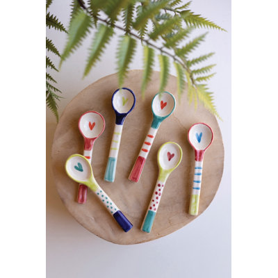  Hand Painted Ceramic Spoons 2x Set of 6 – Colorful Tableware 6.5" Tall