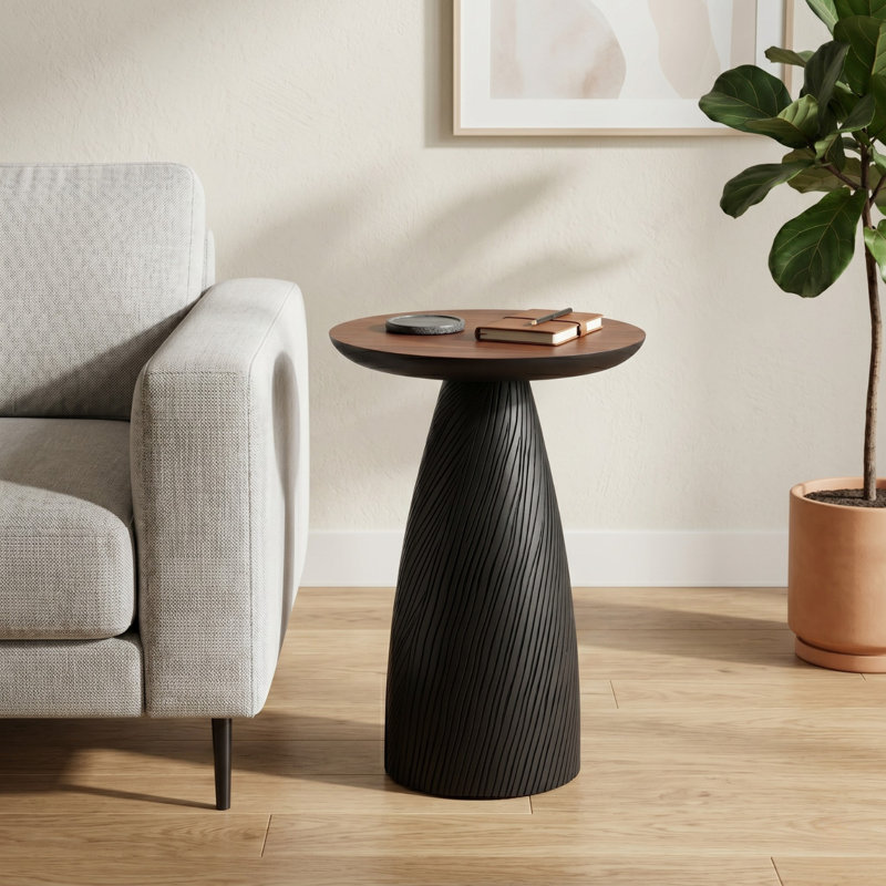 Mid-Century Farmhouse Cottagecore Round Wood Accent Drink Table, Black