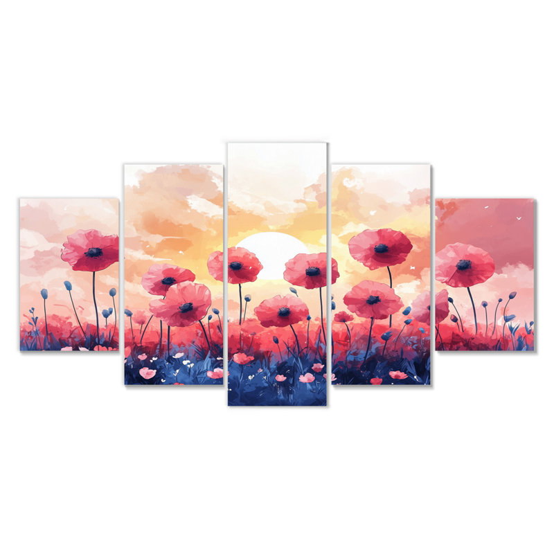 Coquelicots côtiers sur un coucher de soleil rose - coquelicots, art mural traditionnel