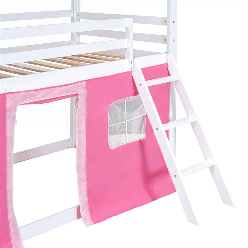 Lit plateforme simple en bois massif avec lit superposé simple avec tente et rebord de fenêtre pour chambre d'enfant, rose et blanc doux