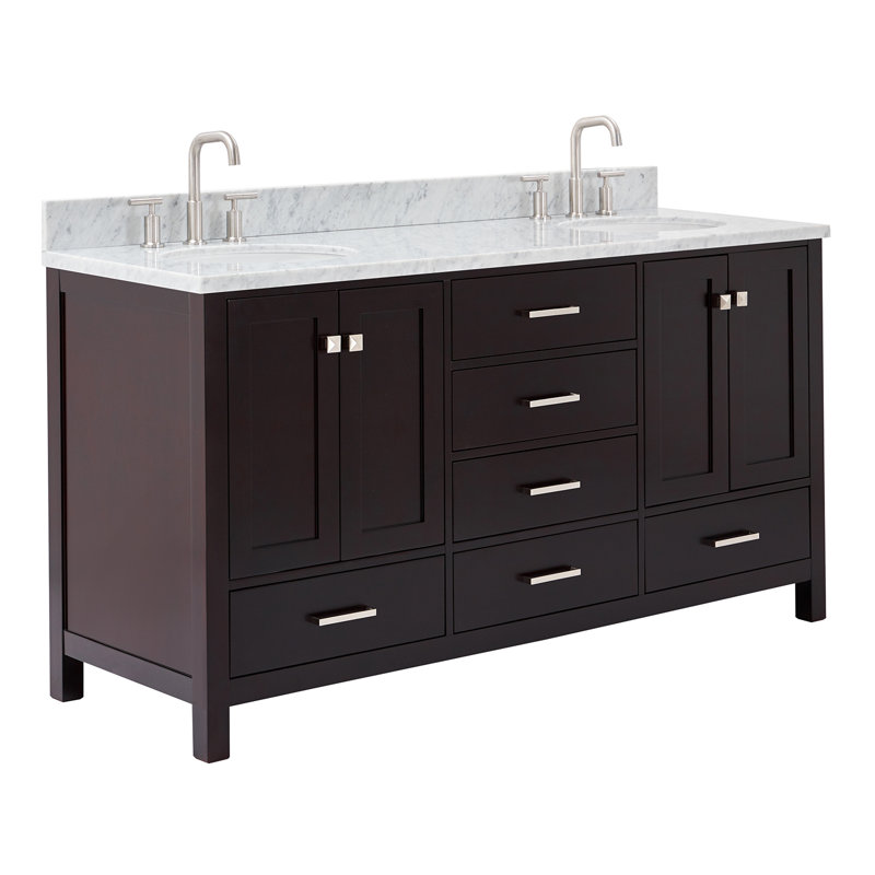 Meuble-lavabo double 67 po avec plateau Flynt, Espresso, Nickel brossé