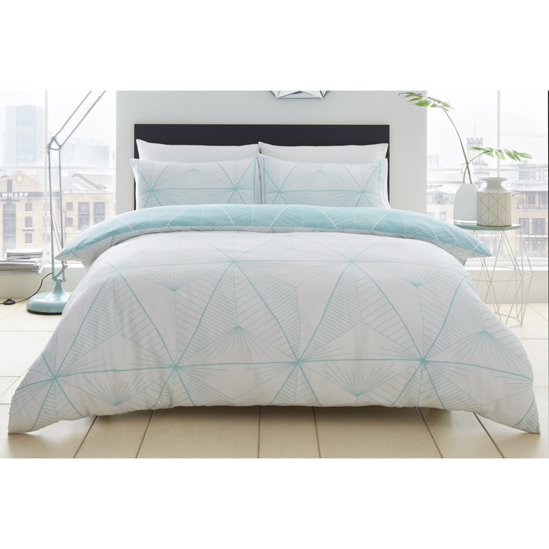 Geometric Duvet Cover Set With Pillowcases - Polycotton Bedding Available in Single Double King Machine Wash Set, King, Aqua