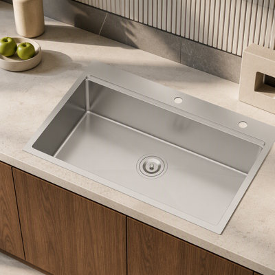 33.1 Inch Topmount Kitchen Sink, 16 Gauge Stainless Steel Drop In Single Bowl with Ledge Workstation