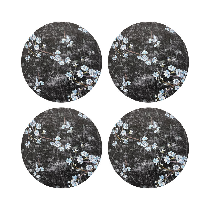 Blossom Fantasia Vegan Leather Round Coasters, Black Blue