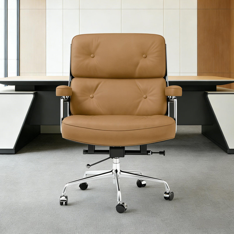 Fauteuil de direction en cuir véritable à dossier moyen avec structure en aluminium et fauteuil pivotant pour ordinateur