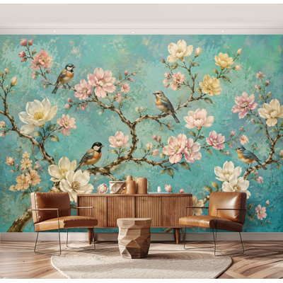 Wall Mural Peel and Stick Wallpaper Elegant Birds Blossoming Cherry Trees Teal Wall Art Self-Adhesive Removable Contact Paper Wall Decor for Living Room Bedroom 69"H x 96"W