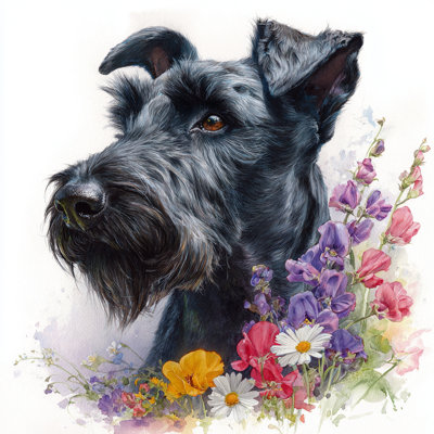 Schnauzer and Garden Blooms - Wrapped Canvas Wall Art