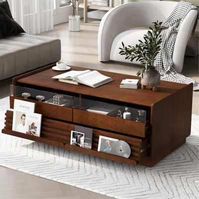 Table basse moderne rectangulaire avec 4 tiroirs et 2 tablettes, table basse en bois trempé de 47,2 po de style cannelé pour le salon