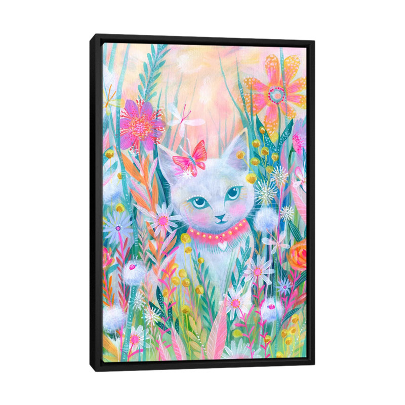 « jardin kitty », peinture sur toile tendue, H 26 po x l 18 po x P 1,5 po, Toile avec cadre noir, Pas de tapis