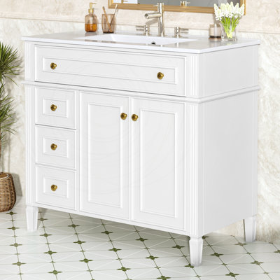 Meuble-lavabo de 36 po avec lavabo, fabrication en bois massif et tiroir rabattable