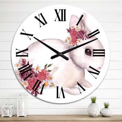 Mignon lapin et fleurs et feuilles d'automne - Horloge murale traditionnelle