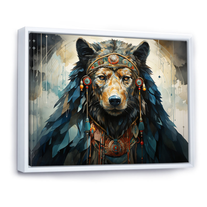«Native Art Bear», reproduction d'art sur toile, H 24 po x l 32 po x P 1 po, Cadre flottant blanc