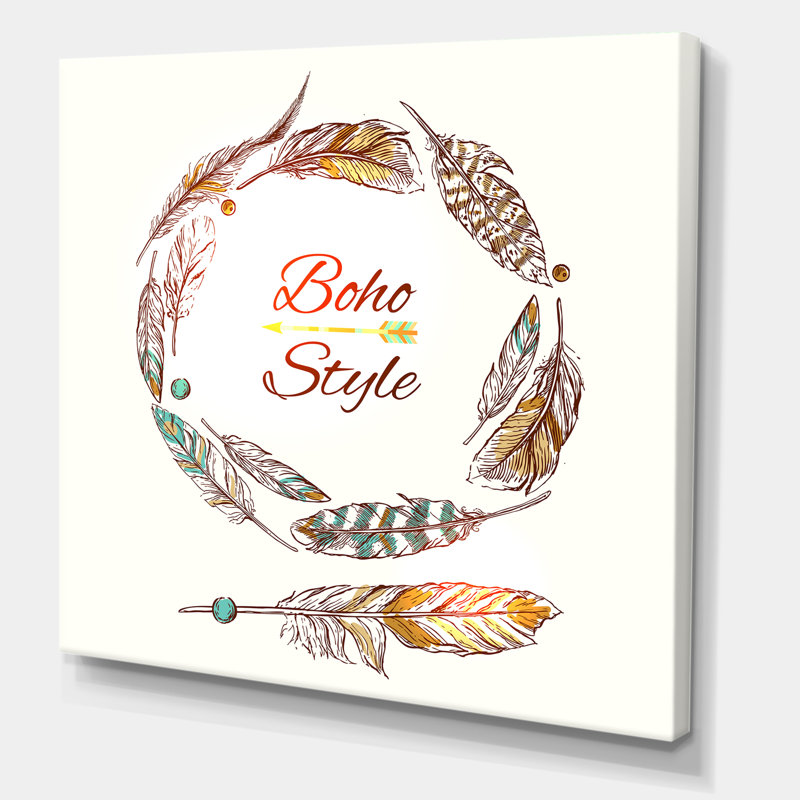 Plume bohème ethnique - Art textuel sur toile, H 16 po x l 16 po x P 1 po, Toile tendue