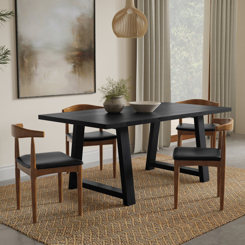Whitley 72"W Solid Mango Wood Modern Farmhouse Dining Table With Trestle Base, Black