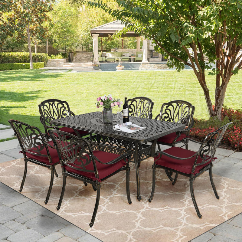 6 - Person Patio Dining Set with Rectangular Table , Cushions Included, Chili Red