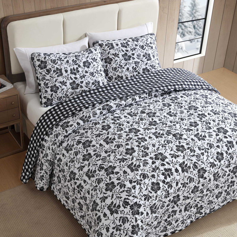 Eddie Bauer Mountain Moose Cotton Reversible Quilt Set, Twin Quilt + 1 Standard Pillow Sham, Black Floral