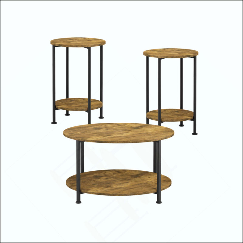 3-Piece Industrial Farmhouse Coffee Table & End Table Set, Round 2-Tier Storage Table Set for Living Room & Apartment