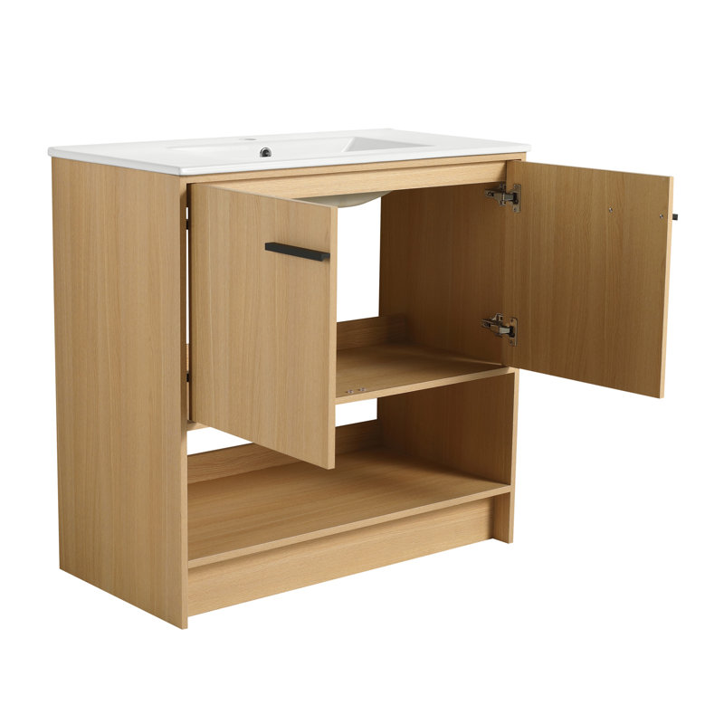 Meuble-lavabo 36 po avec lavabo en céramique, 2 portes à fermeture douce, meuble-lavabo autoportant, contreplaqué, 36", Chêne