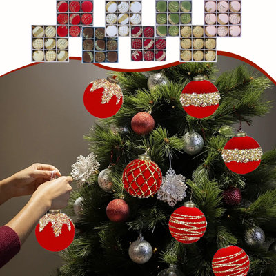 Boules de Noël en velours floqué de 8 cm, à suspendre, en plastique pailleté, ensemble de neuf décorations pour sapin de Noël