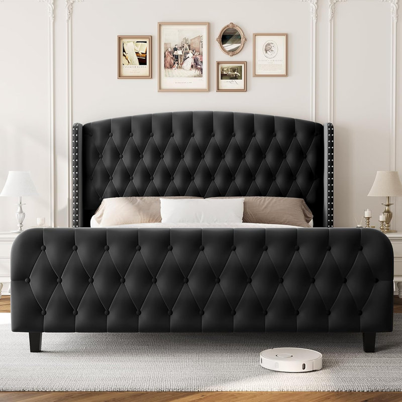 Bed Frame with Deep Button Tufted Wingback Headboard and Footboard, Velvet Upholstered Platform Bed Frame, No Box Spring Needed, Easy Assemble