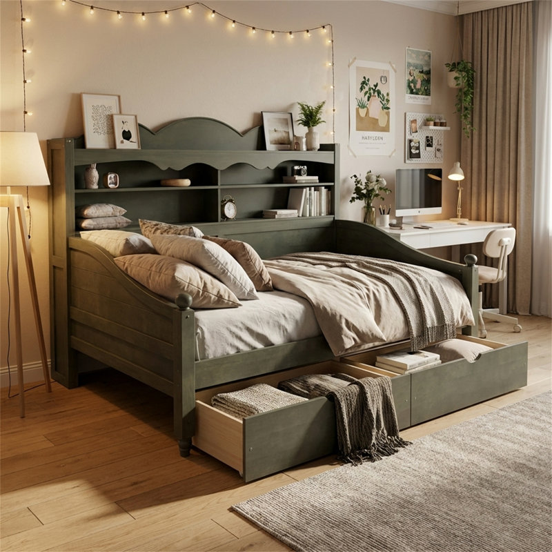Twin-Size Daybed Frame, Platform Bed With Storage, Antique Grey Wooden Daybed, No Spring Box Required, Vintage Style, Green