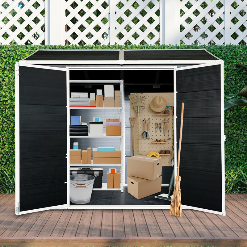 Remise en résine 8 x 6 pi pour jardin - imperméable avec porte verrouillable, deux fenêtres et rangement extérieur au sol, fenêtres noires, porte de jardin, patio