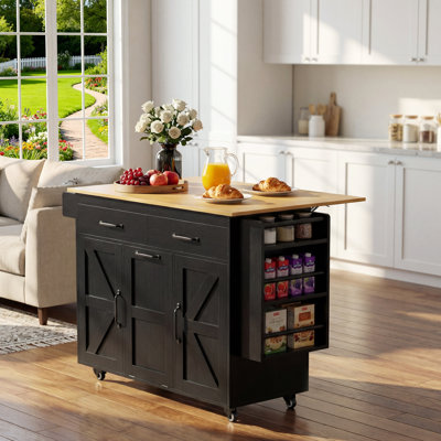 44" Rolling Kitchen Island With Drop Leaf & Trash Can Cabinet, Large Kitchen Cart On Wheels With Wood Top, Mobile Coffee Bar & Microwave Stand, Adjust by August Grove