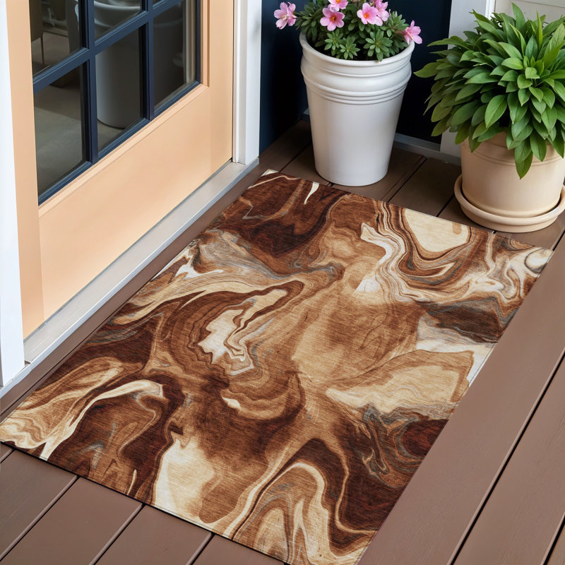 3' X 5' Orange Copper And Ivory Abstract Washable Indoor Outdoor Area Rug