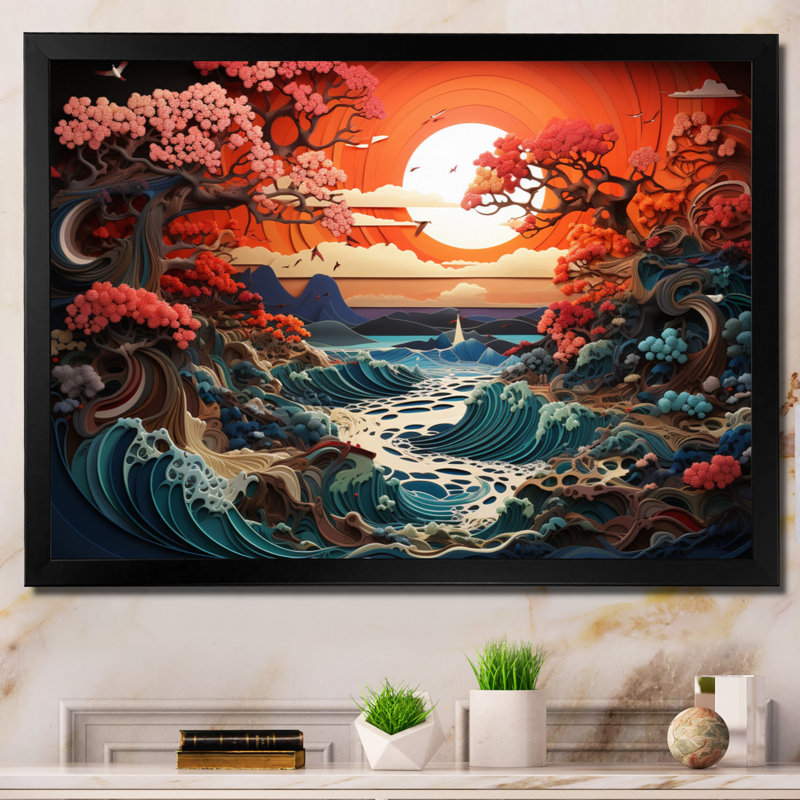 Papercut Peach Sunrise Eernal Renewal, Cadre photo noir, H 16 po x l 32 po x P 1 po