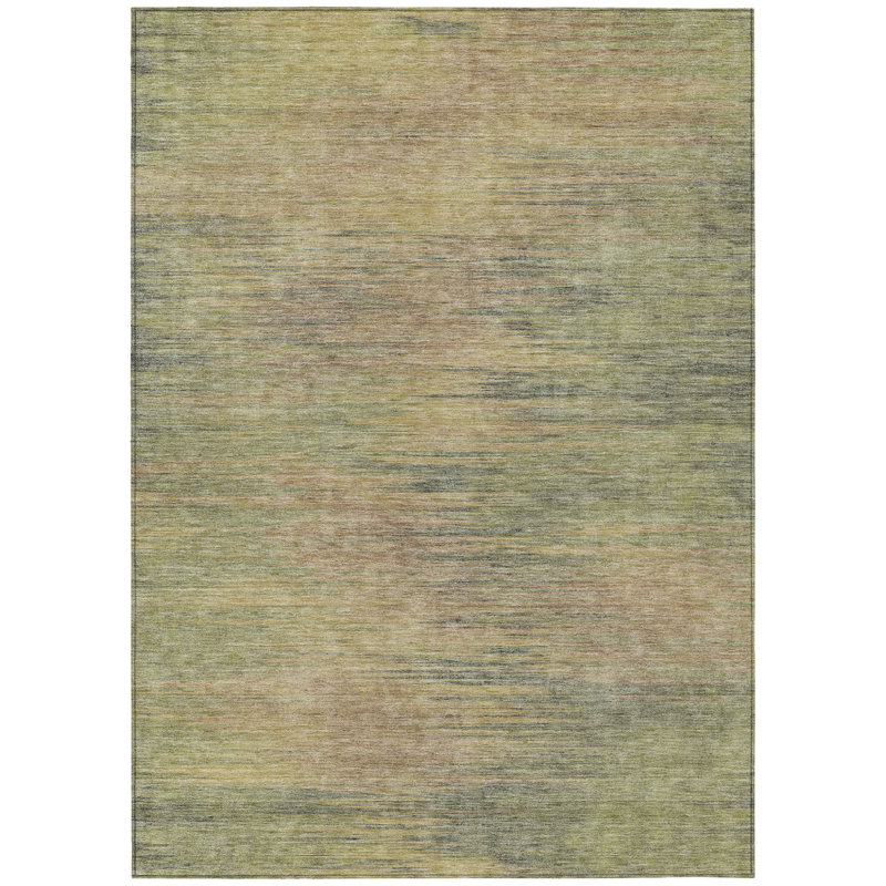 3' X 5' Artichoke Green Fern Green And Gold Abstract Washable Indoor Outdoor Area Rug