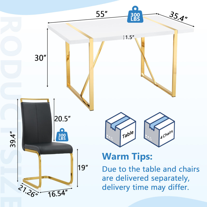 Ensemble de salle à manger pour 4 personnes, table de salle à manger rectangulaire moderne avec 4 chaises de salle à manger en similicuir de luxe