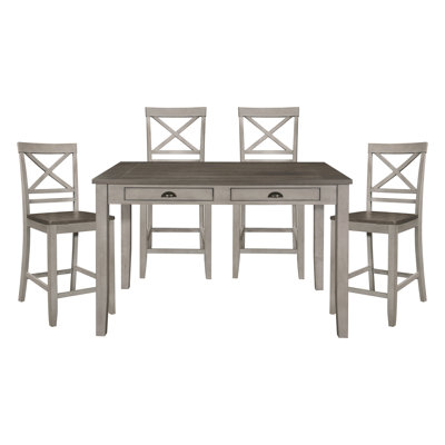 Table de salle à manger haute avec 4 tiroirs, en bois d'ingénierie et placage frêne, finition bicolore grise et brune, 6 couverts