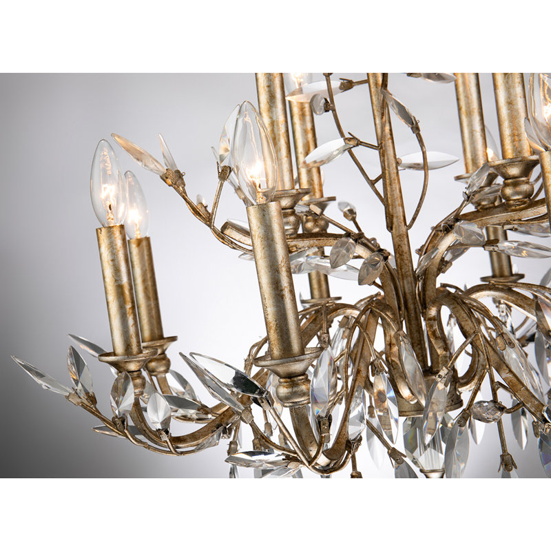 Silver And Distressed Gold 12 Light Chandelier With Flower Inspired Crystals