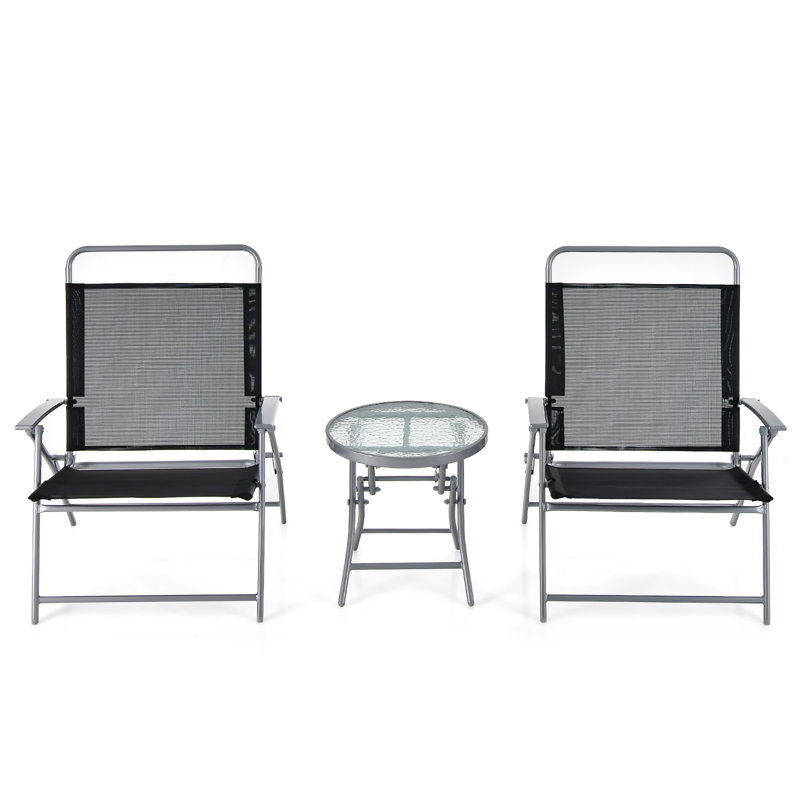 Latitude Run® 3 Piece Patio Folding Chair Set W/ Coffee Table & Extra-large Seat Porch Backyard Poolside