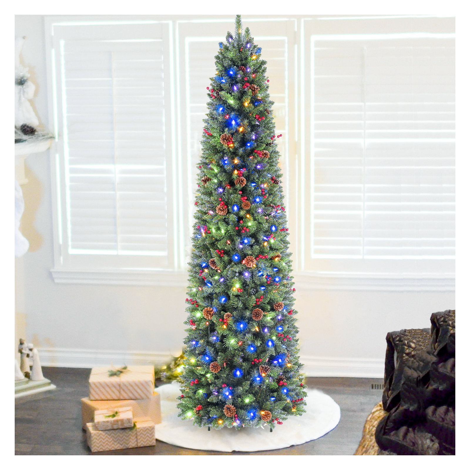 Artificial Slim Christmas Tree Multi-Color LED Lights Dual Color Remote Control, 7.5'