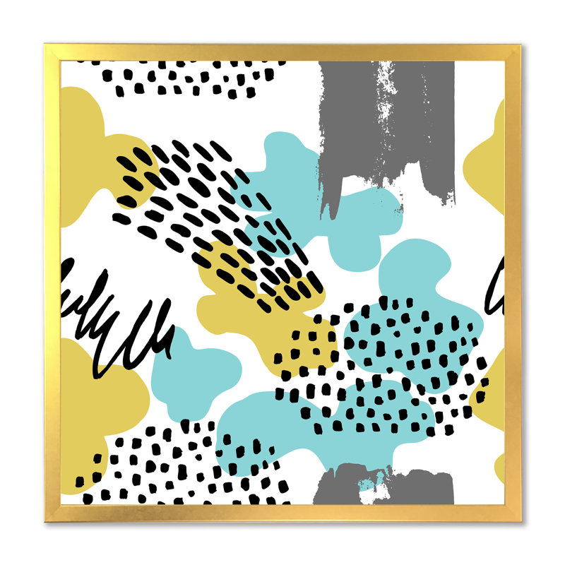 «Blue and Green Retro Polka Dots Clouds», reproduction d'art sur toile moderne, H 16 po x l 16 po x P 1 po, Encadrement doré
