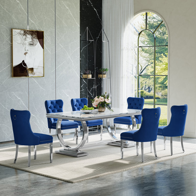 Modern Dining Set – 70" Table With Stainless Steel Base & Velvet Chairs, 7 Pieces: Table, 6 Chairs, White/Silver, Blue/Silver
