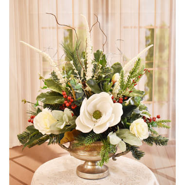 Evergreen and Magnolia Winter Centerpiece, Christmas Floral Arrangement,  Snowy Winter Flower Arrangement for Table