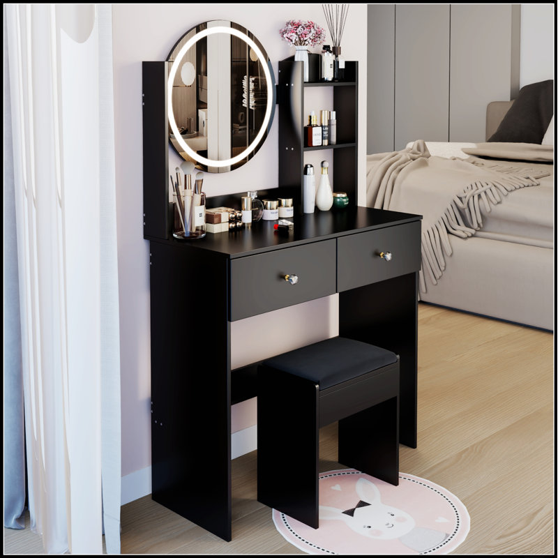 Table de coiffeuse à miroir ronde de 17 pouces à DEL avec tabouret à coussin souple, interrupteur tactile, 3 couleurs d'éclairage, luminosité réglable, grand bureau, rangement multicouche pour les petits espaces