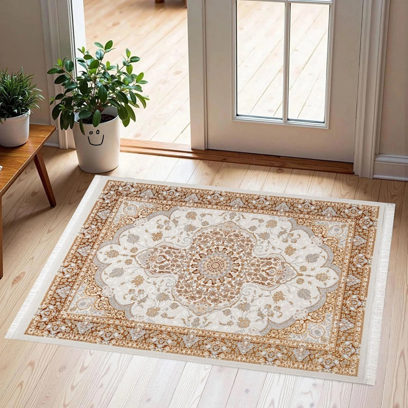 Floral and Oriental Doormat, Gold, 60cm W x 110cm L