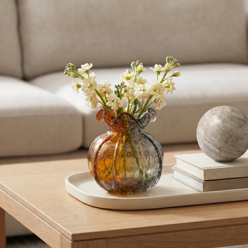 Solara 6" Ribbed Two-Tone Art Glass Vase For Small Arrangements (Amber / Gray), Amber / Grey