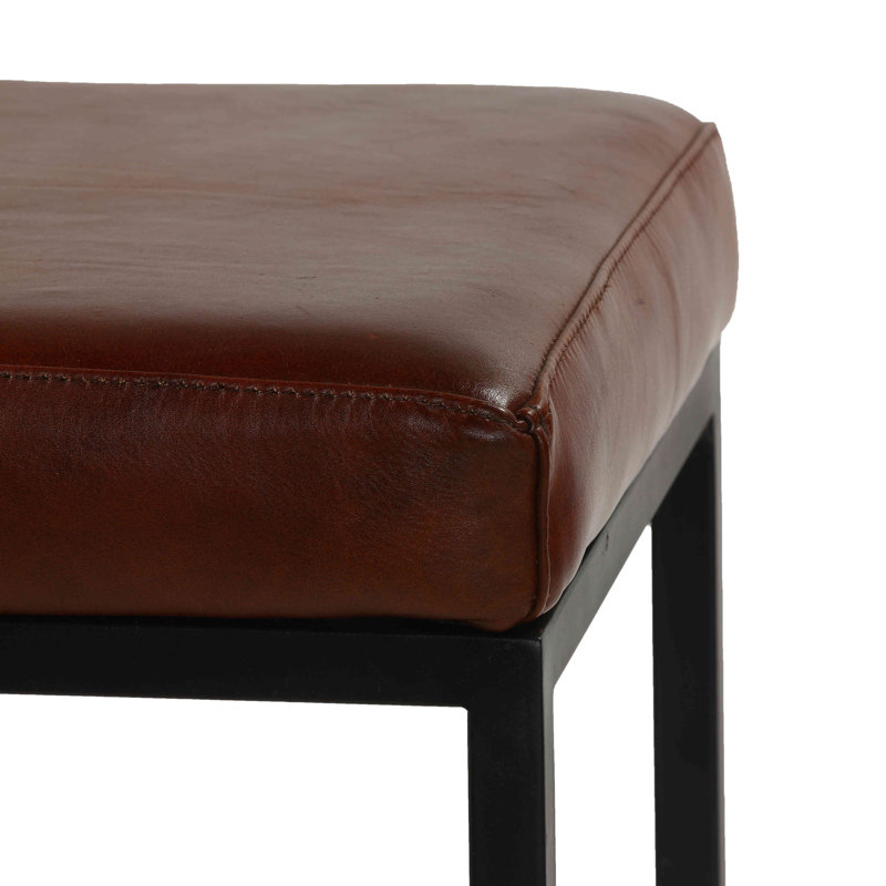 Cognac Brown Leather Backless Counter Stool with Metal Frame