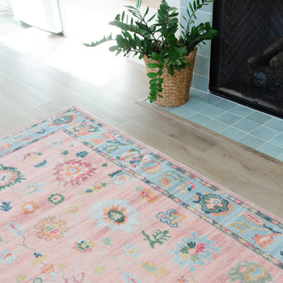 Kugler Vintage Traditional Pink/ Blue Printed Washable Flat Pile Area Rug
