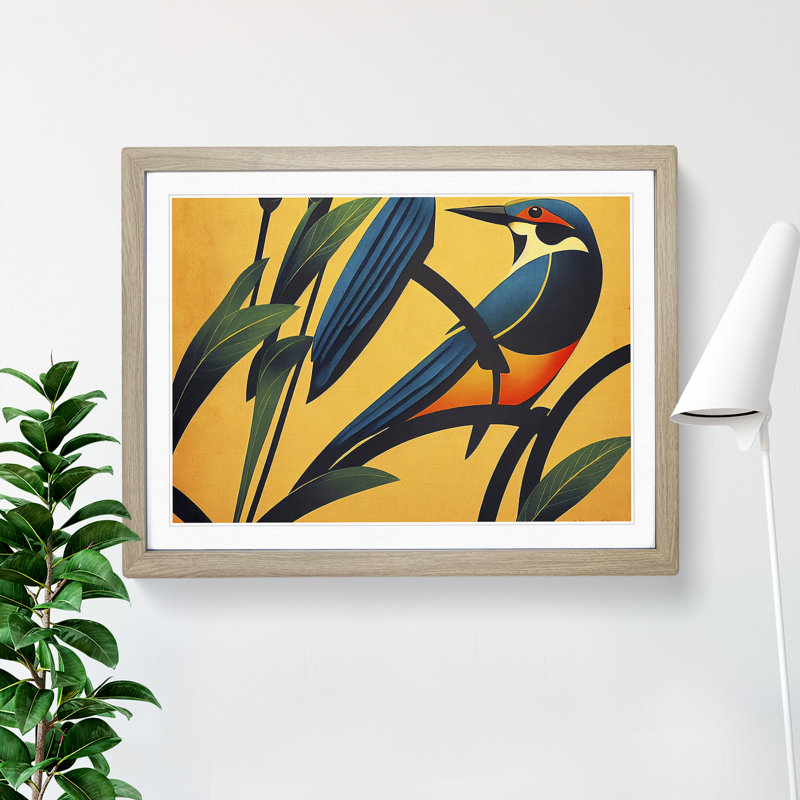 Art Deco Kingfisher - Single Picture Frame Print, 46cm H x 64cm W x 2cm D, Oak Framed