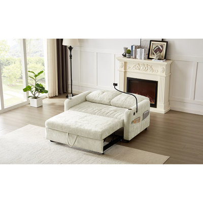 Lit beige de 53,9 po avec dossier réglable, charge, porte-gobelets, support pour téléphone et rangement latéral pour les poches du salon