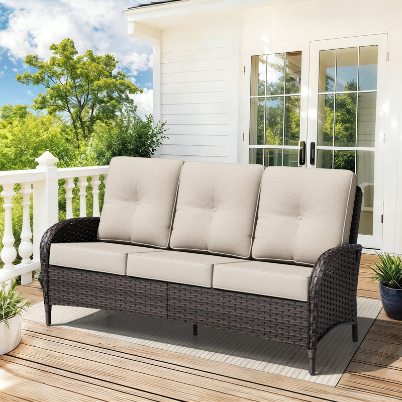 3-Seat All-Weather PE Wicker Outdoor Patio Sofa with Plush Beige Cushions, Beige