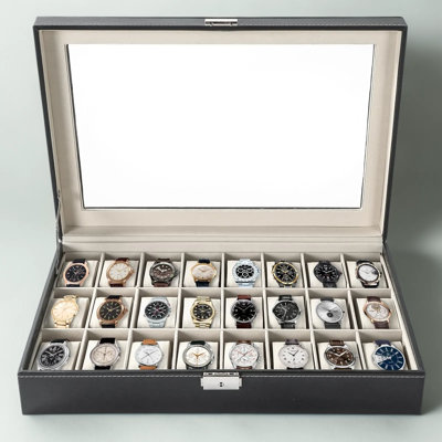 24 Slots Watch Box Display Case with Glass Top, PU Leather Watch Organizer with Removable Velvet Pillows for Men Women, Storage for Watches, Jewelry, Cuff Links, and Accessories