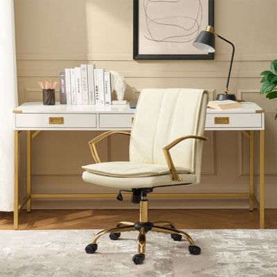 Jehu Modern Leather Rocking Tilting Office Chair with Metal Armrests and Legs by Mercer41