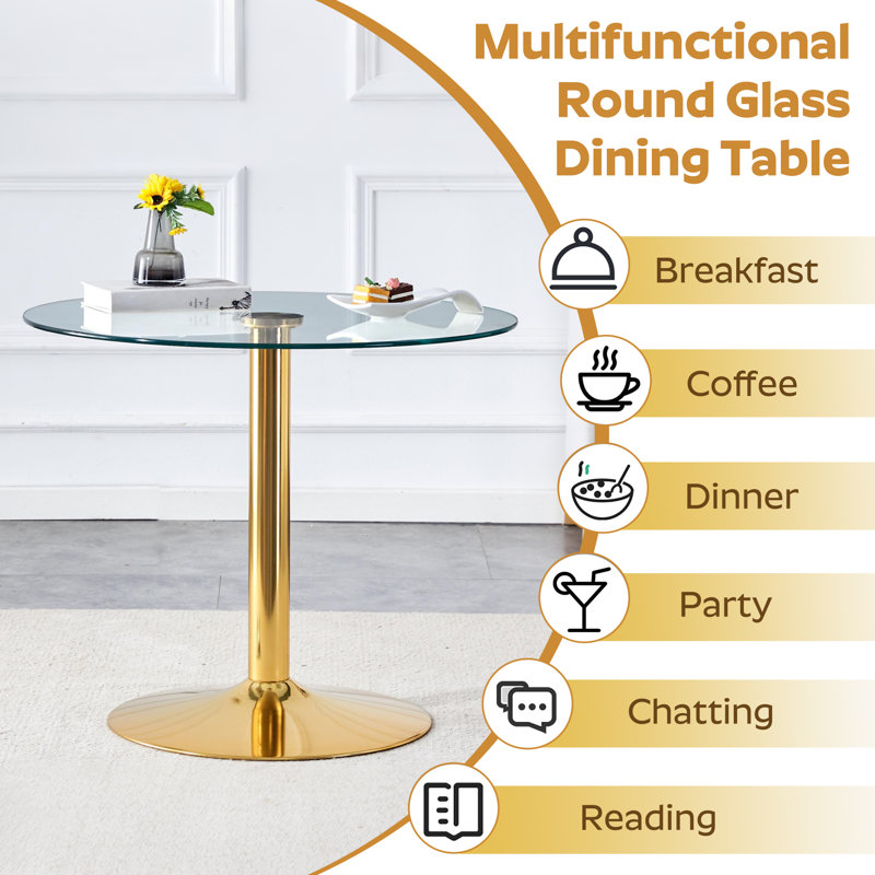 Elegant Round Glass Pedestal Dining Table Set, 3 Pieces: Table, 2 Chairs, Gray, Gold